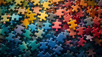 A colorful jigsaw puzzle with many pieces. The pieces are of different colors and sizes. Concept of creativity and fun