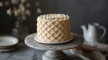 A cake with a lattice design sits on a white plate on a marble counter. The cake is decorated with a lattice pattern and is placed on a cake stand. The scene is simple and elegant