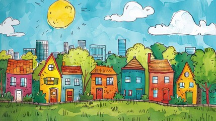 A colorful drawing of a neighborhood with houses and trees. The houses are painted in different colors, and there is a sun in the sky. Scene is cheerful and peaceful, with the houses