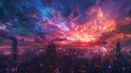 A cityscape with a bright orange and blue sky with a large cloud in the middle. The sky is filled with stars and the city is lit up with lights