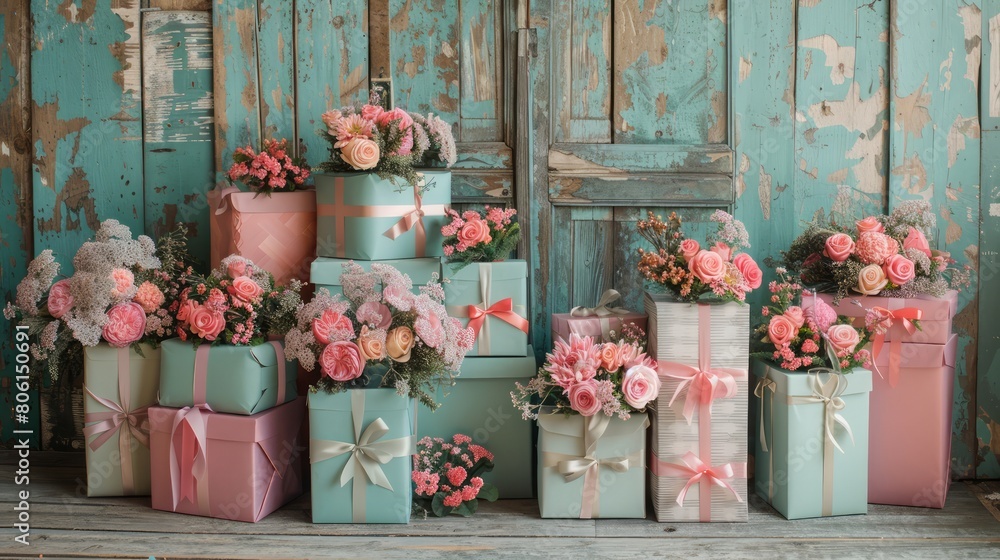Poster A large stack of pink and blue boxes with flowers in them. The boxes are arranged in a way that they look like a gift pile
