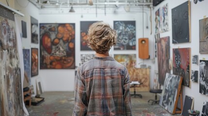 A man stands in a room full of paintings. The paintings are of various sizes and styles, and the man is admiring them. Scene is one of appreciation and admiration for the art