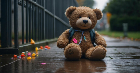 Sad Teddy bear sitting on School gate with a backpack in the rain. School memories concept