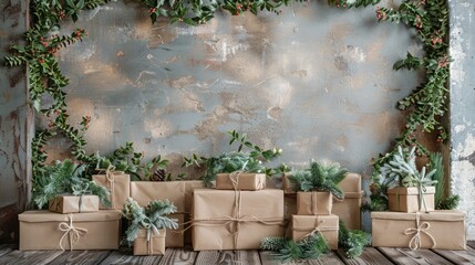 A wall with a Christmas tree decoration and a bunch of presents. Scene is festive and joyful, as it represents the holiday season