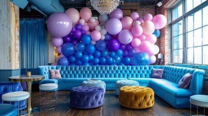 A room with a blue couch and a pink and purple balloon wall. The balloons are in different colors and sizes, creating a fun and playful atmosphere