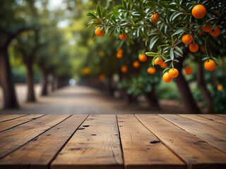 Empty wooden table for product display with orange trees blurred background and a few oranges