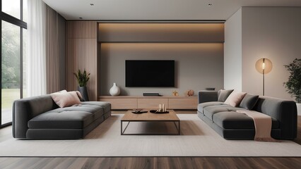 A living room with a large flat screen TV and a couch. The room is decorated in a modern style with a neutral color palette. The mood of the room is calm and relaxing