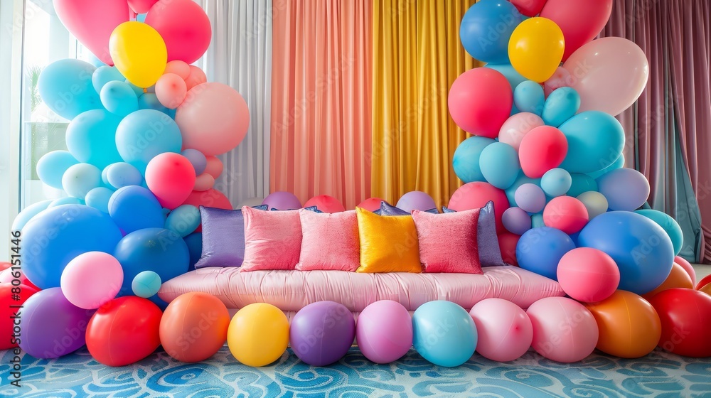 Poster A colorful room with a couch covered in balloons and pillows. The balloons are in various colors and sizes, creating a fun and playful atmosphere