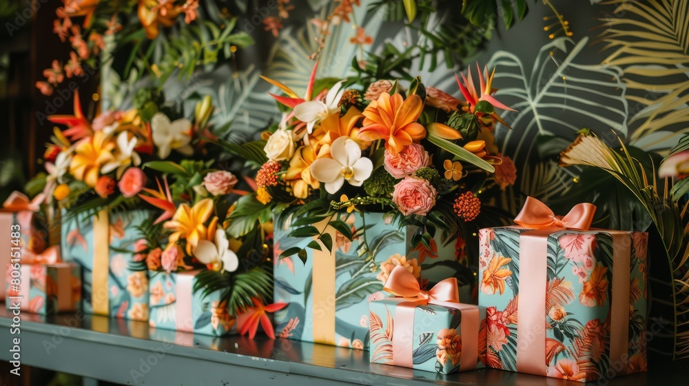 Aufkleber A row of colorful boxes with flowers on top of them. The flowers are of different colors and sizes, and they are placed on top of the boxes