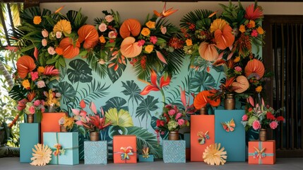 A wall covered in tropical flowers and leaves. The wall is green and orange. The flowers are arranged in vases and boxes