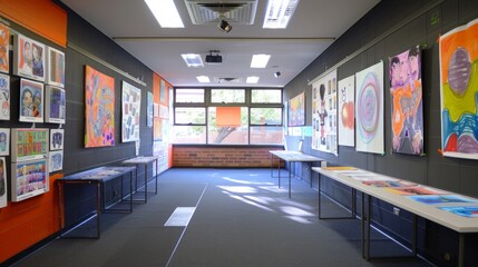 A room full of paintings and drawings. The mood of the room is calm and peaceful. The paintings are arranged on tables and walls, creating a sense of order and organization