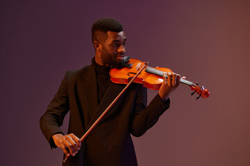 Elegant young man playing violin with passion on vibrant purple background 3D render image of musician in action