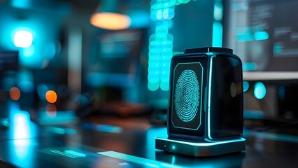 A digital fingerprint scanner verifies identity using biometric data for cybersecurity. Concept Identity Verification, Biometric Data, Cybersecurity Measures