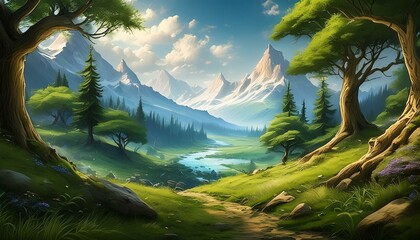 Artwork is a fabulous landscape of mountains, trees, rivers and grass, a fantasy sketch of amazing nature. Artwork sketch of beautiful mystical trees. Illustration