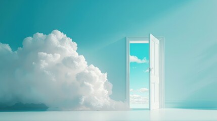 Opened door with cloud in the sky, 3d render illustration
