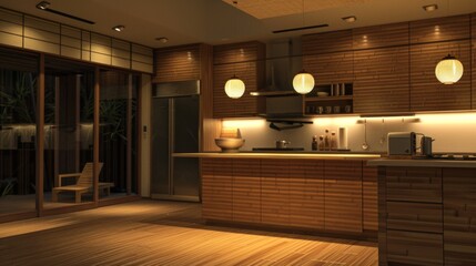 A sleek Asian-inspired kitchen with bamboo cabinetry, paper lantern lighting, and minimalist...