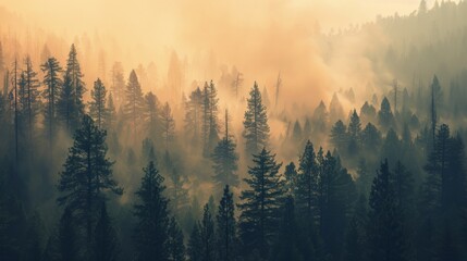 Fototapeta premium A smoky haze settling over a forest during a wildfire, obscuring visibility and posing respiratory risks to both humans and wildlife