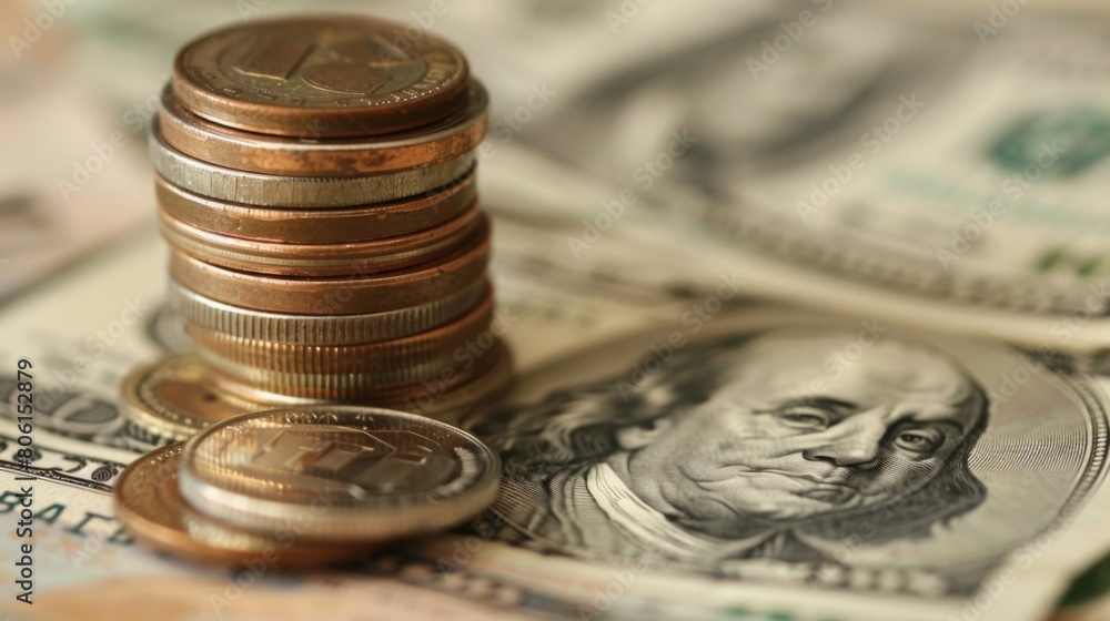 Poster A stack of coins and dollar bills on a table, representing wealth accumulation and financial success through saving and investment.