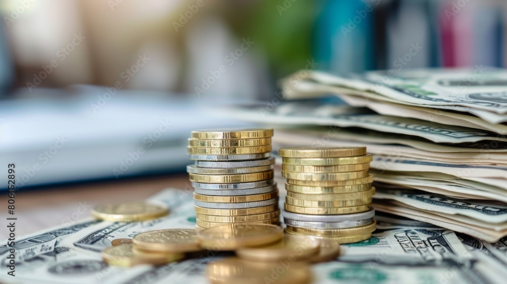 Poster a stack of coins and dollar bills on a table, representing wealth accumulation and financial success