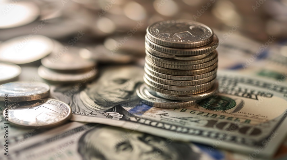 Poster a stack of coins and dollar bills on a table, representing wealth accumulation and financial success