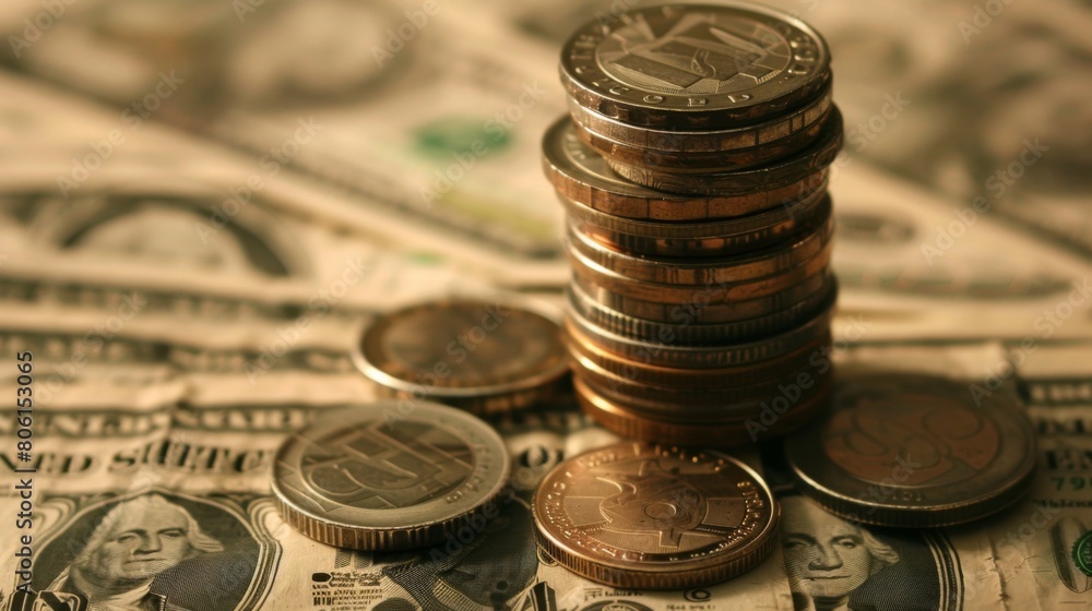 Poster a stack of coins and dollar bills on a table, representing wealth accumulation and financial success