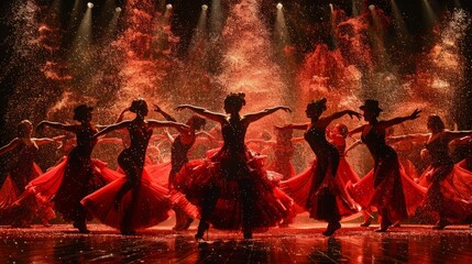 A group of women in red costumes are dancing on stage. The stage is lit up with red lights and...