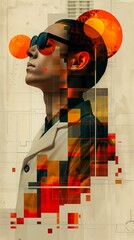 Stylized digital artwork of a specialist doctor in a gown and sunglasses, featuring abstract geometric elements in a modern design, suited for conceptual health and innovation themes