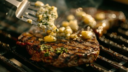 A steak being basted with garlic butter on a hot grill, infusing it with rich, savory flavor and ensuring moistness.
