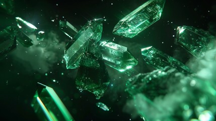 iridescent green crystal shards floating in space, black background, green glow and sparkles.