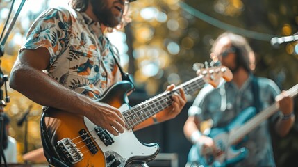 Obraz premium A man playing a bass guitar in front of a crowd. The man is wearing a Hawaiian shirt
