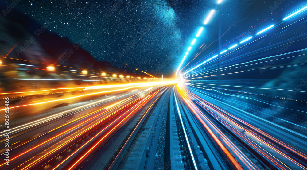 Poster Travelling at the speed of light and beyond, Highways of Light. Generative AI.