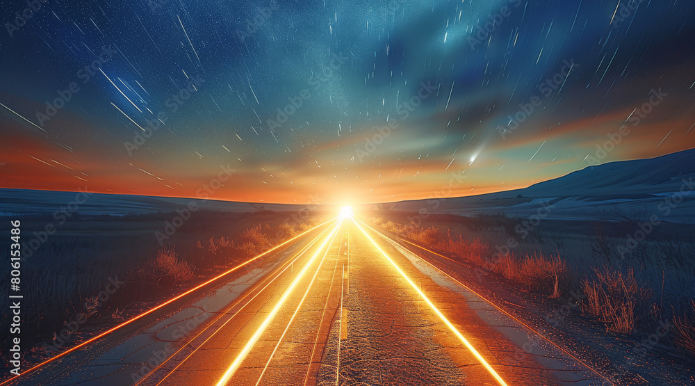 Poster Travelling at the speed of light and beyond, Highways of Light. Generative AI.