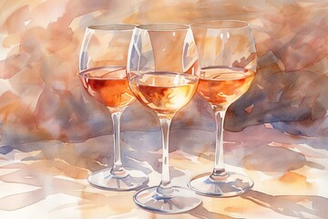 graceful curves and delicate details of stemware in a traditional watercolor medium, emphasizing light and shadow play