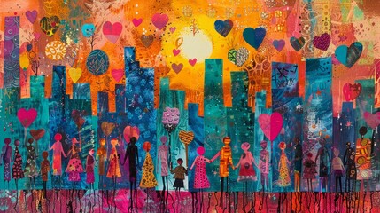 A painting of a city with many people and a large heart in the center. The painting is full of bright colors and has a happy, joyful mood