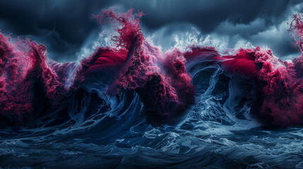 A bold and intense clash of crimson and navy waves, their powerful and energetic interaction creating a visual spectacle of drama and passion.