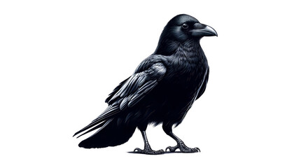 A black crow is standing on a white background