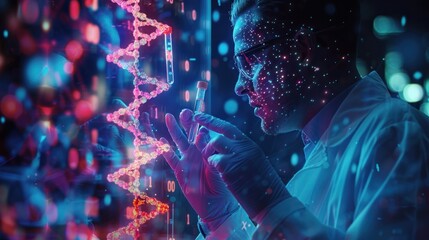 Witness the advancement of medical science with a wide banner hologram presenting a scientist holding medical testing tubes or vials, engaged in groundbreaking pharmaceutical research 