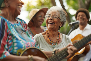 A diverse group of seniors enjoying vibrant music in a serene backdrop,
