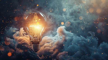 A glowing light bulb surrounded by swirling clouds of knowledge,