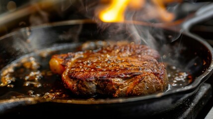 A steak being seared on a hot cast-iron skillet, creating a caramelized crust for maximum flavor and texture.