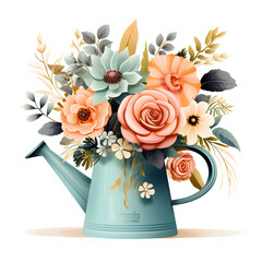 A classic clip art of a beautiful flower Watering can, pastel colour, overflowing with assorted blooms and greenery, beautiful modern style, single objects, isolated on white background.