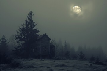 Naklejka premium A small house is surrounded by trees in a foggy forest
