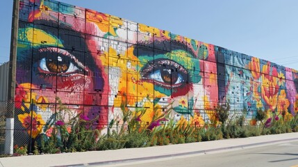 A colorful mural of two eyes with a green background. The mural is on a wall and has a lot of detail
