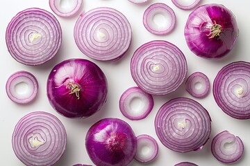 Sliced Red Onions isolated on white Background, Culinary Ingredients, Fresh Vegetables Concept, Top View, Copyspace for Text