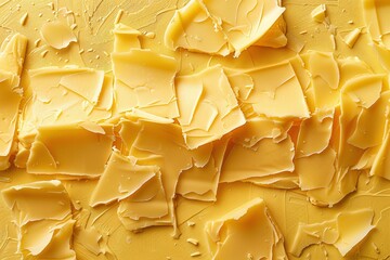 Close-up of fragmented butter chunks on a smooth yellow background. Macro photography. Baking essentials and culinary arts concept for design and print