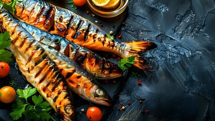 Grilled fish on a black background. Concept Food Photography, Grilled Fish, Dark Background, Culinary Art, Gourmet Cuisine