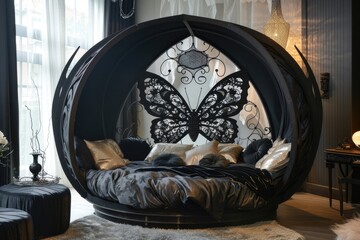 modern round circular sofa with butterfly back in black clor