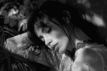 A woman is sleeping in a white dress with a lace collar