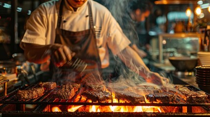 Fototapeta premium A steakhouse chef grilling premium cuts of meat on a charcoal grill, ensuring each steak is cooked to perfection.