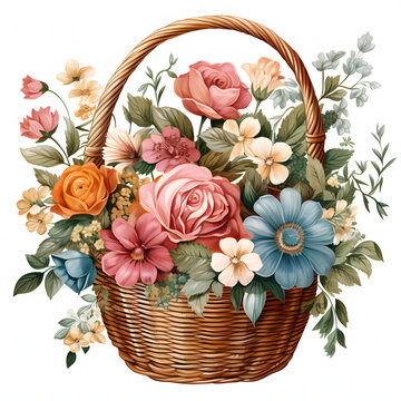 A classic clip art of a beautiful flower Wicker baskets, pastel colour, overflowing with assorted blooms and greenery, beautiful modern style, single objects, isolated on white background.
